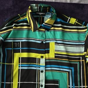 Karl Lagerfeld Geometric Block Stripe Shirt in Teal, Black & Yellow